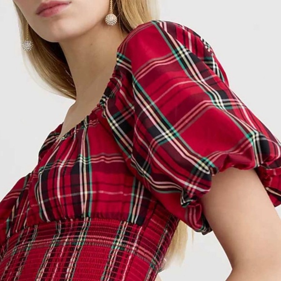 J. Crew NWT Christmas Plaid Midi Dress M Smocked Puff Sleeve Good Tidings $148 - Picture 3 of 17
